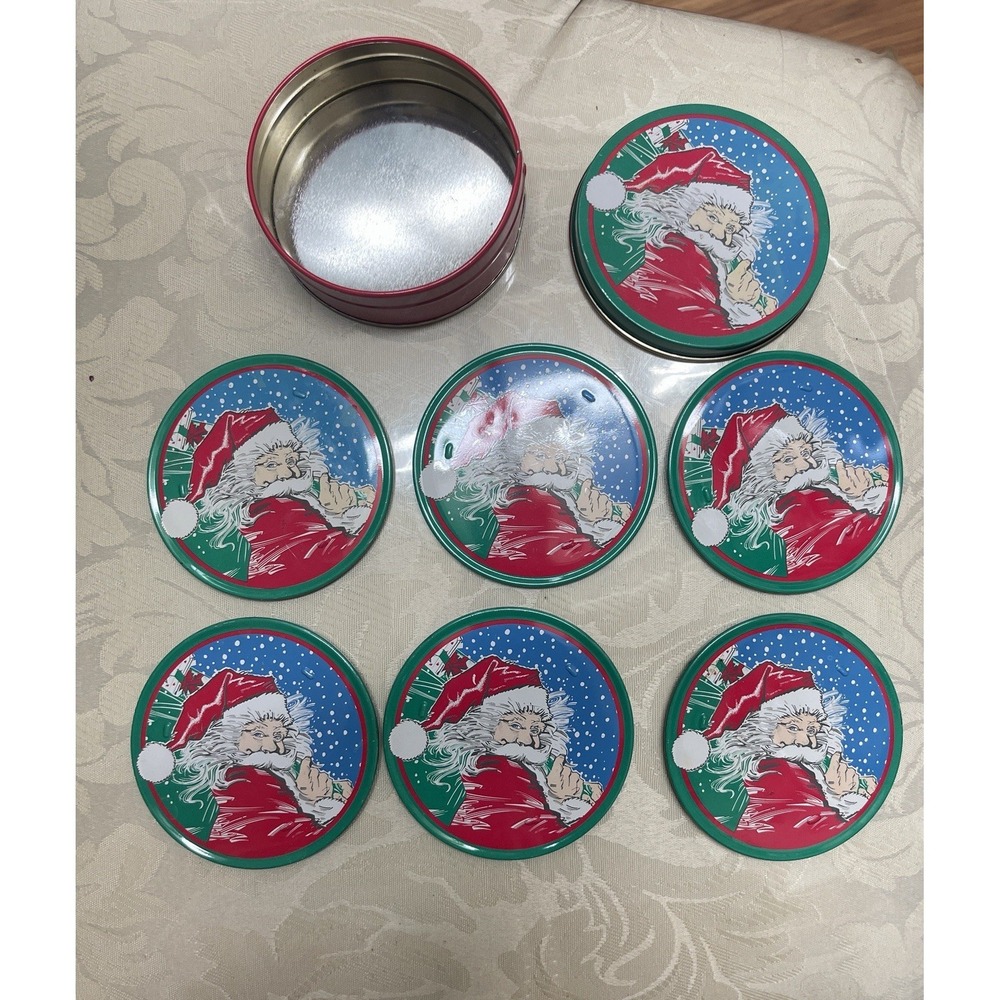 Vintage Santa Metal Coaster Set With Tin – 6 Coasters – Christmas Holiday Decor